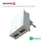Nabíječka cestovní SWISSTEN 2x USB, IC, 3A, + microUSB kabel, bílá